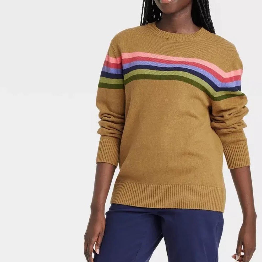 HOUSTON WHITE Brown Crewneck Sweater with Rainbow Stripe WOMEN SIZE XL
